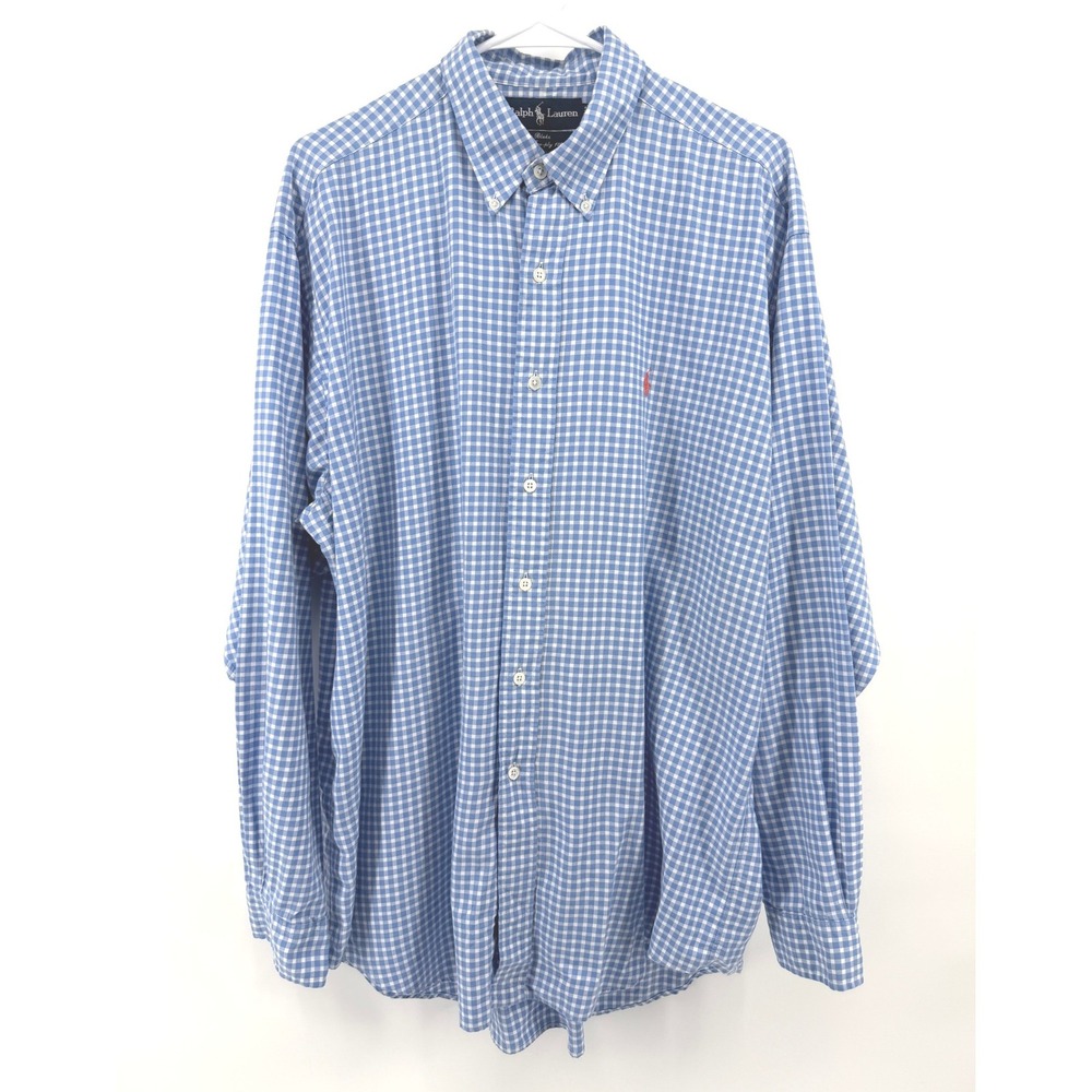 Ralph Lauren Blake Blue Gingham Men L Fine Two-ply 100s Cotton Preppy Shirt VTG